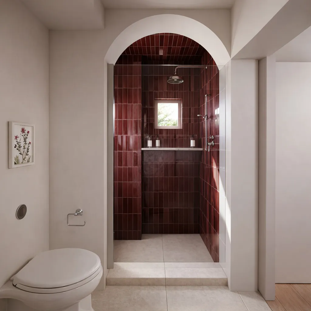 Bathroom with an arched opening into a shower lined with deep red tiles