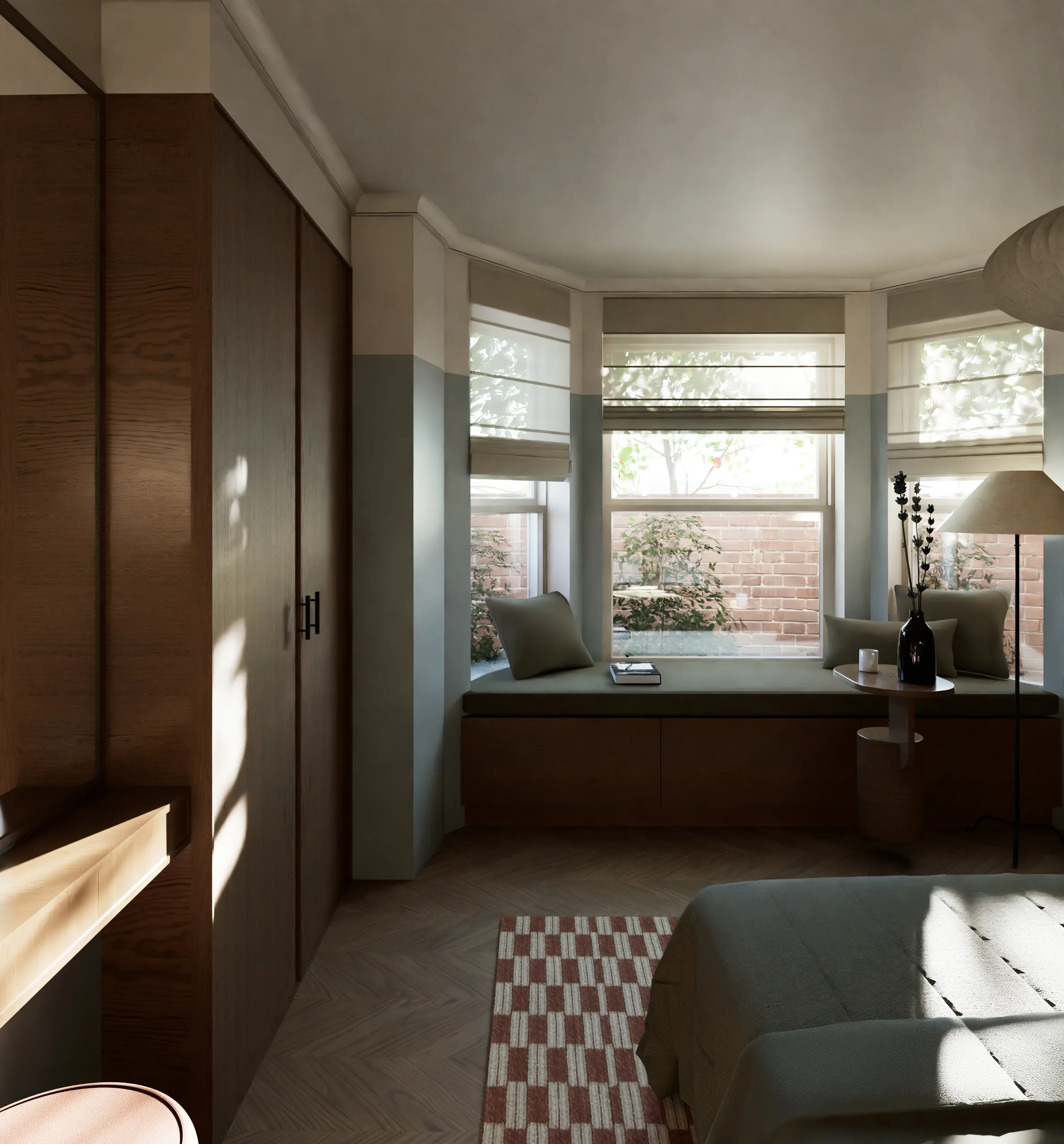 Bedroom with timber wardrobes and a window seat overlooking the garden