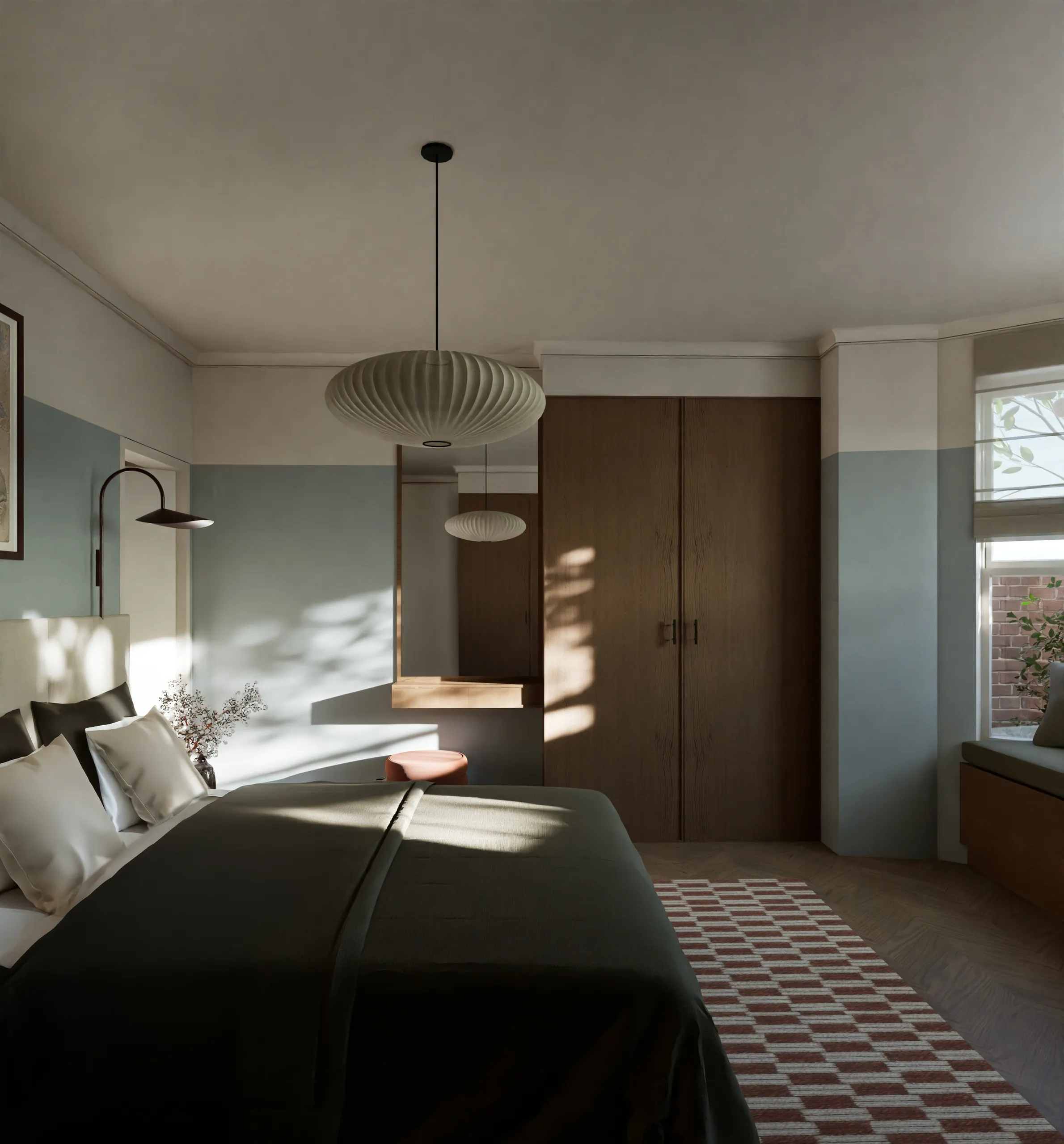 Principal bedroom with timber joinery, window seat and sculptural pendant