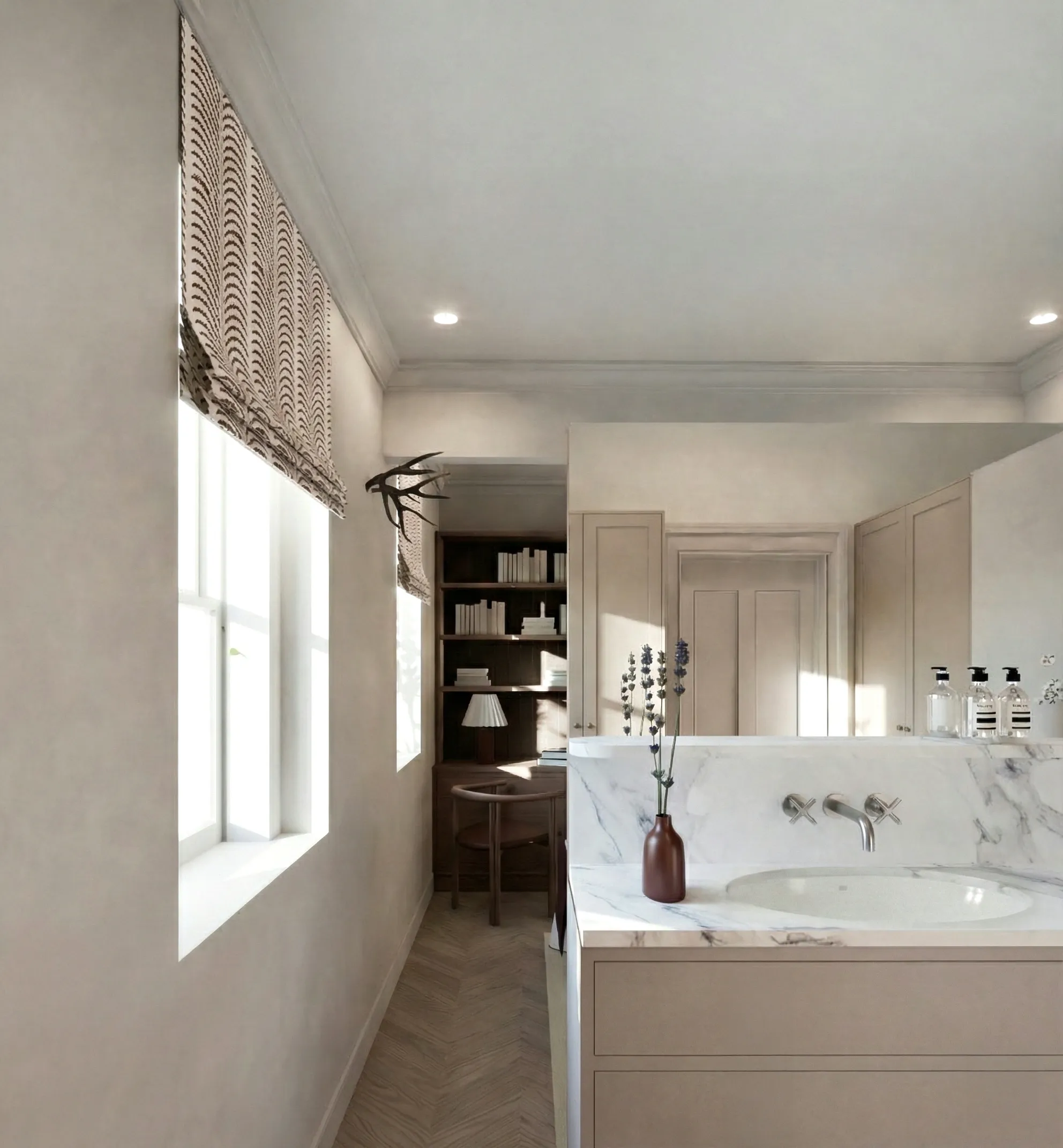 Marble bathroom vanity with integrated desk and shelving beyond
