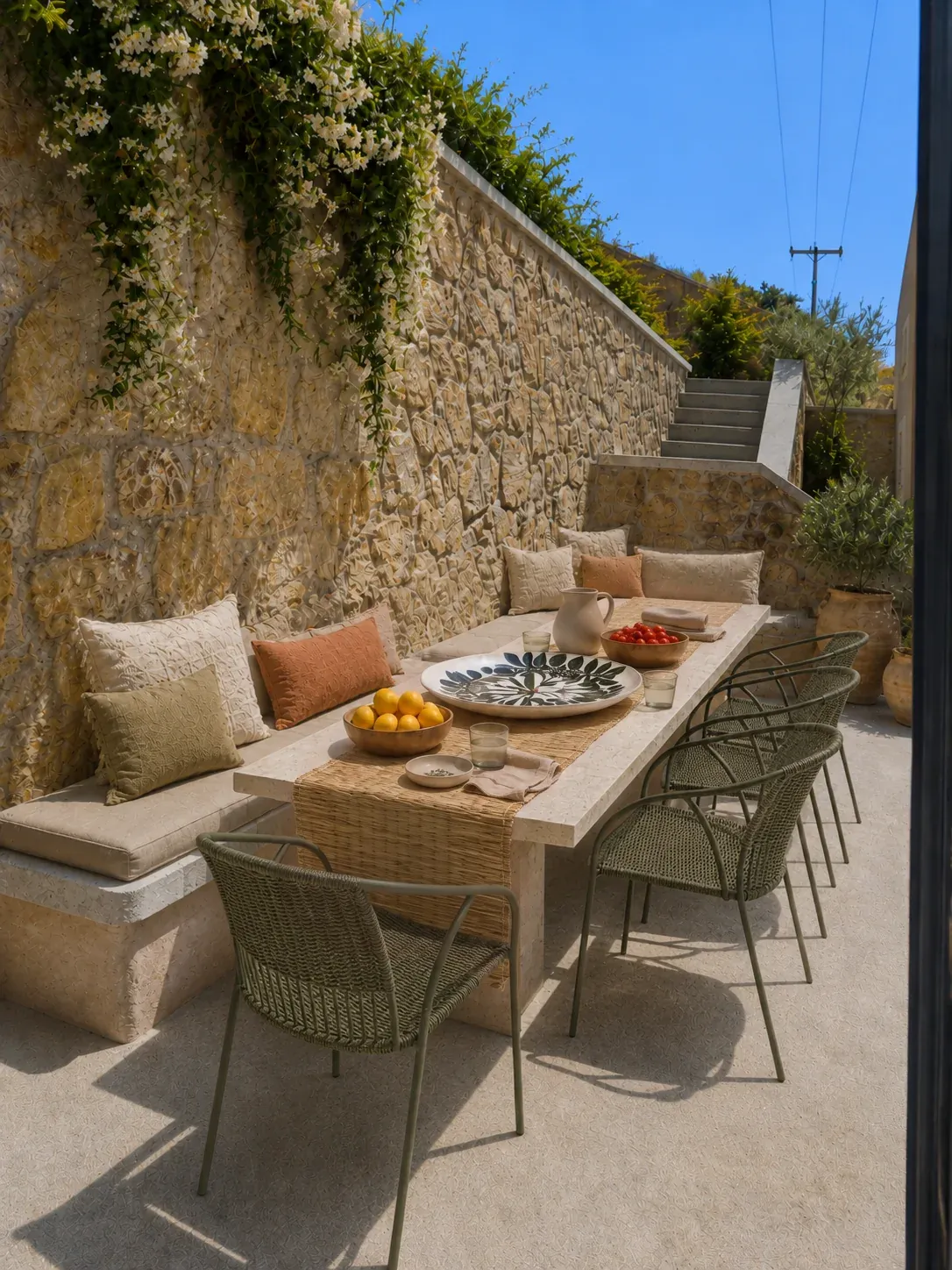 Υπαίθρια τραπεζαρία με πέτρινο τραπέζι, πλεκτές καρέκλες και χτιστό καθιστικό