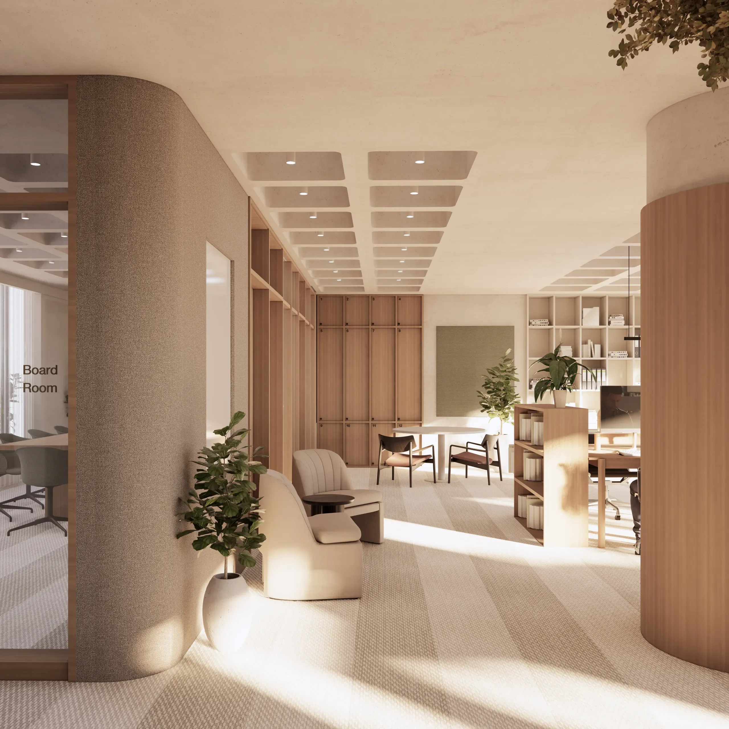 Proposed open-plan office with timber storage, informal seating and a glazed boardroom