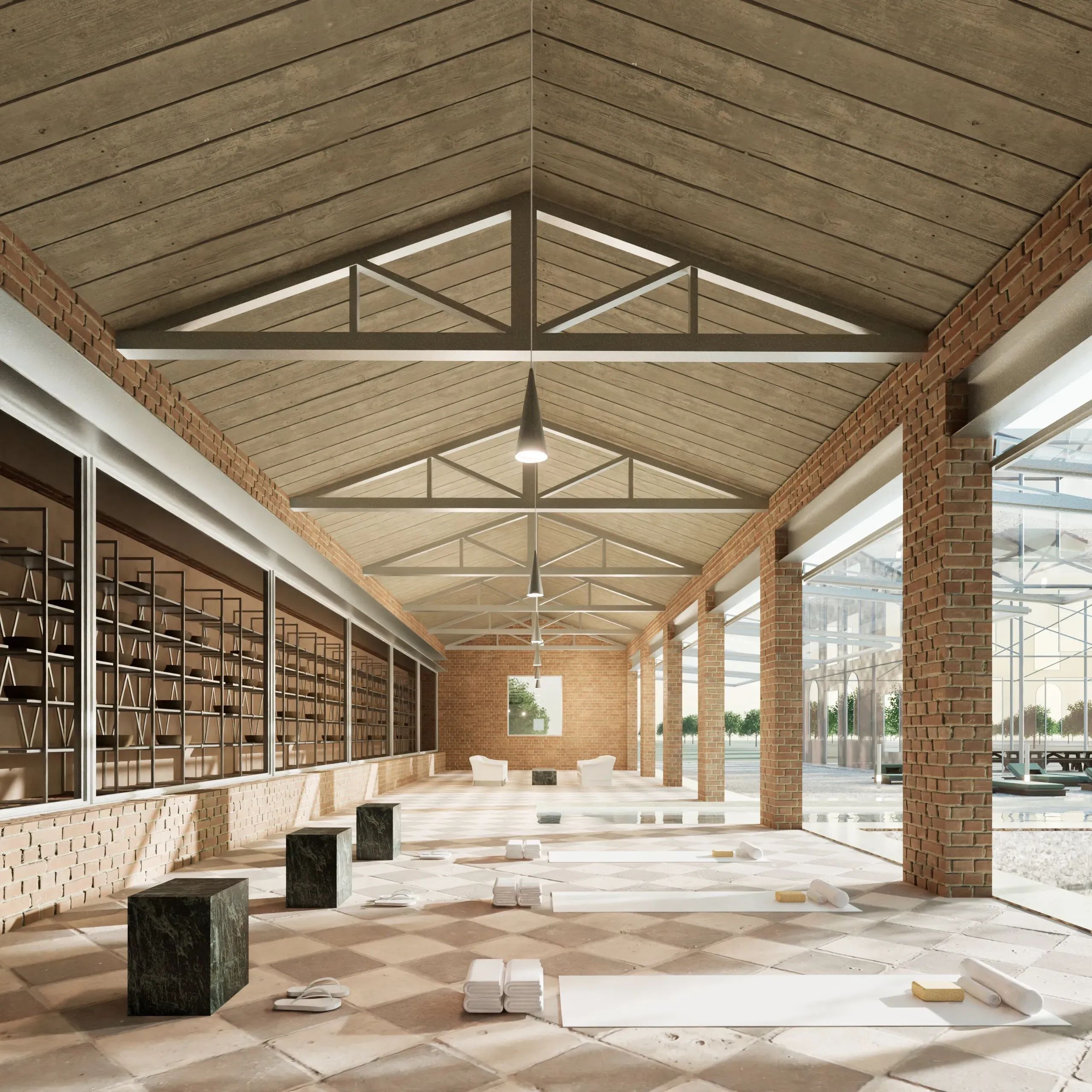 Brick colonnade adapted as a quiet wellness space beneath a timber roof