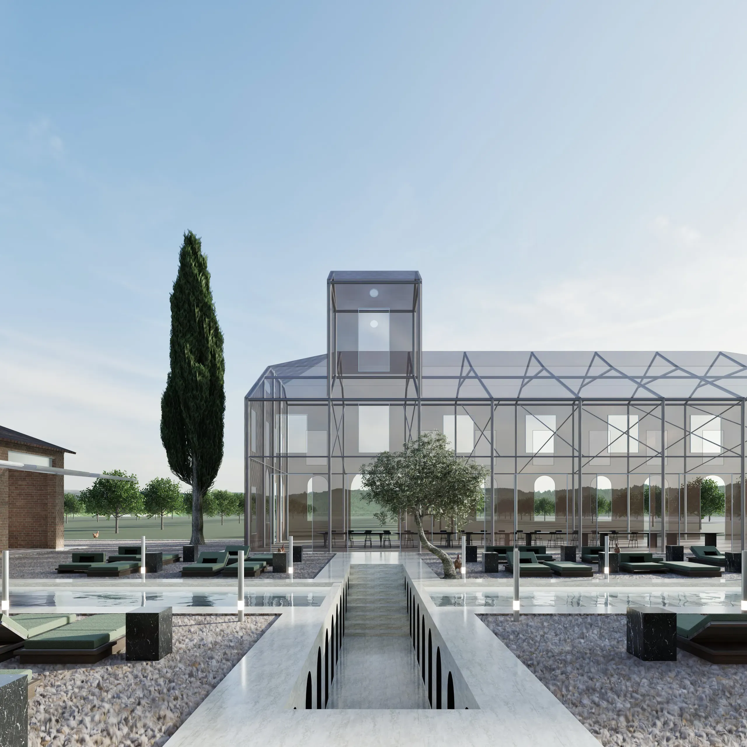 New glazed pavilion overlooking the pool terraces and orchard landscape